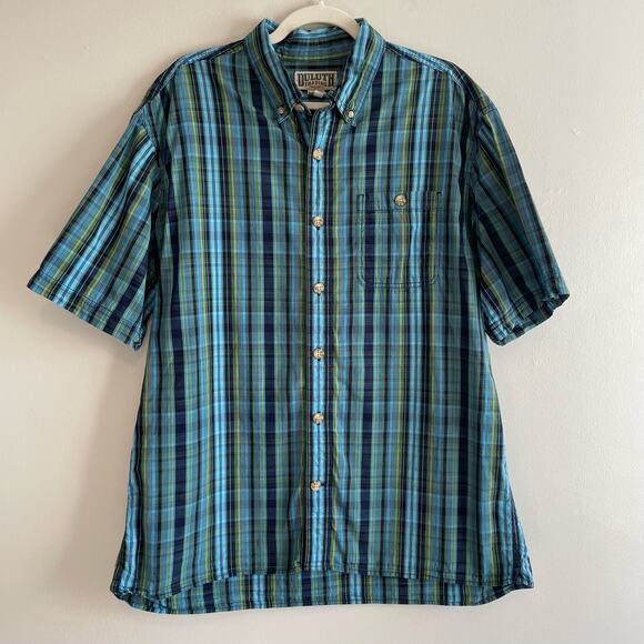 Duluth Size L Plaid Blue Green Button Up Shirt Short Sleeves 100% Cotton - Picture 1 of 7